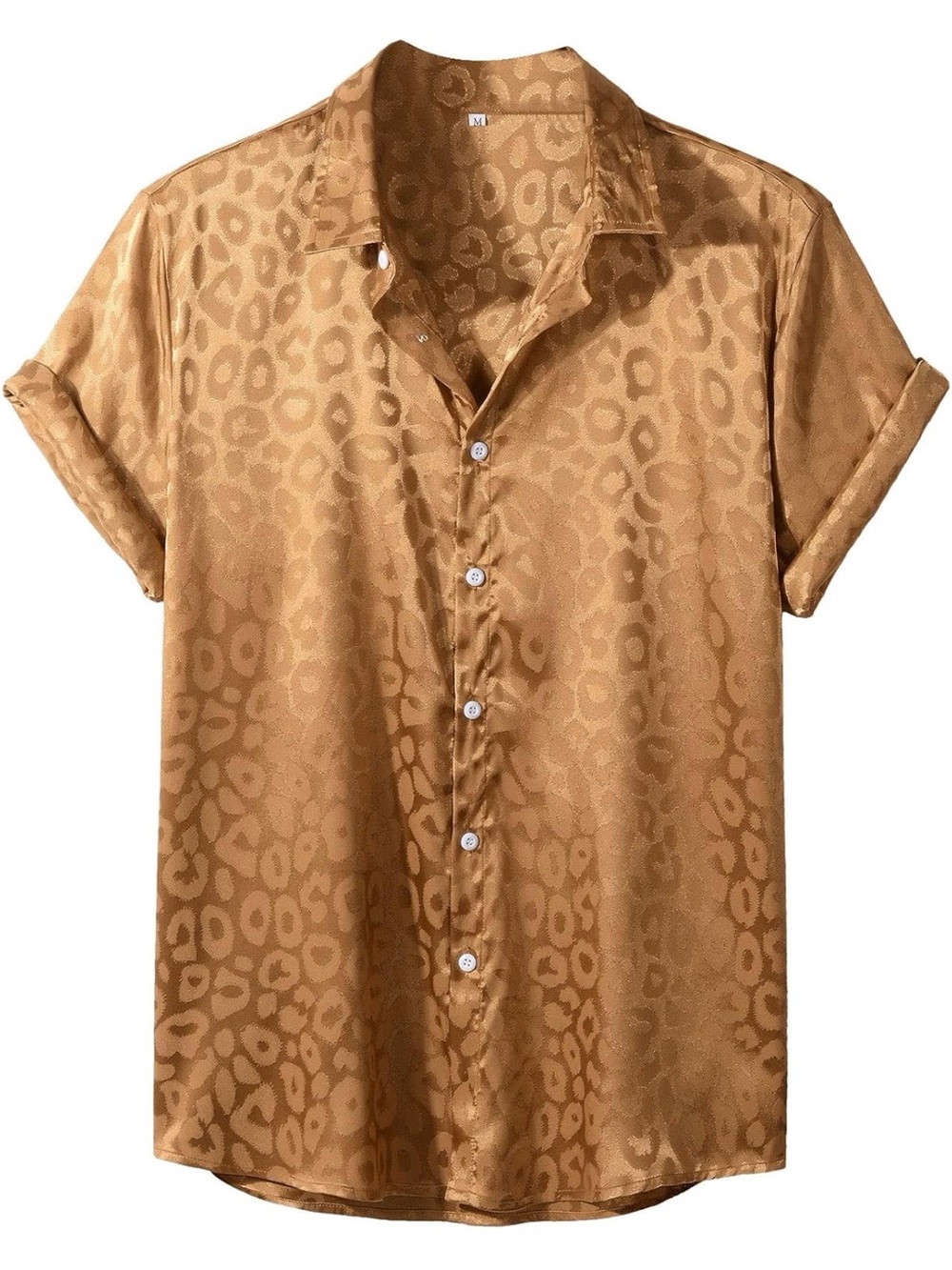 SHEIN Camel Satin Short-Sleeve Leopard Jacquard Button-Down Shirt